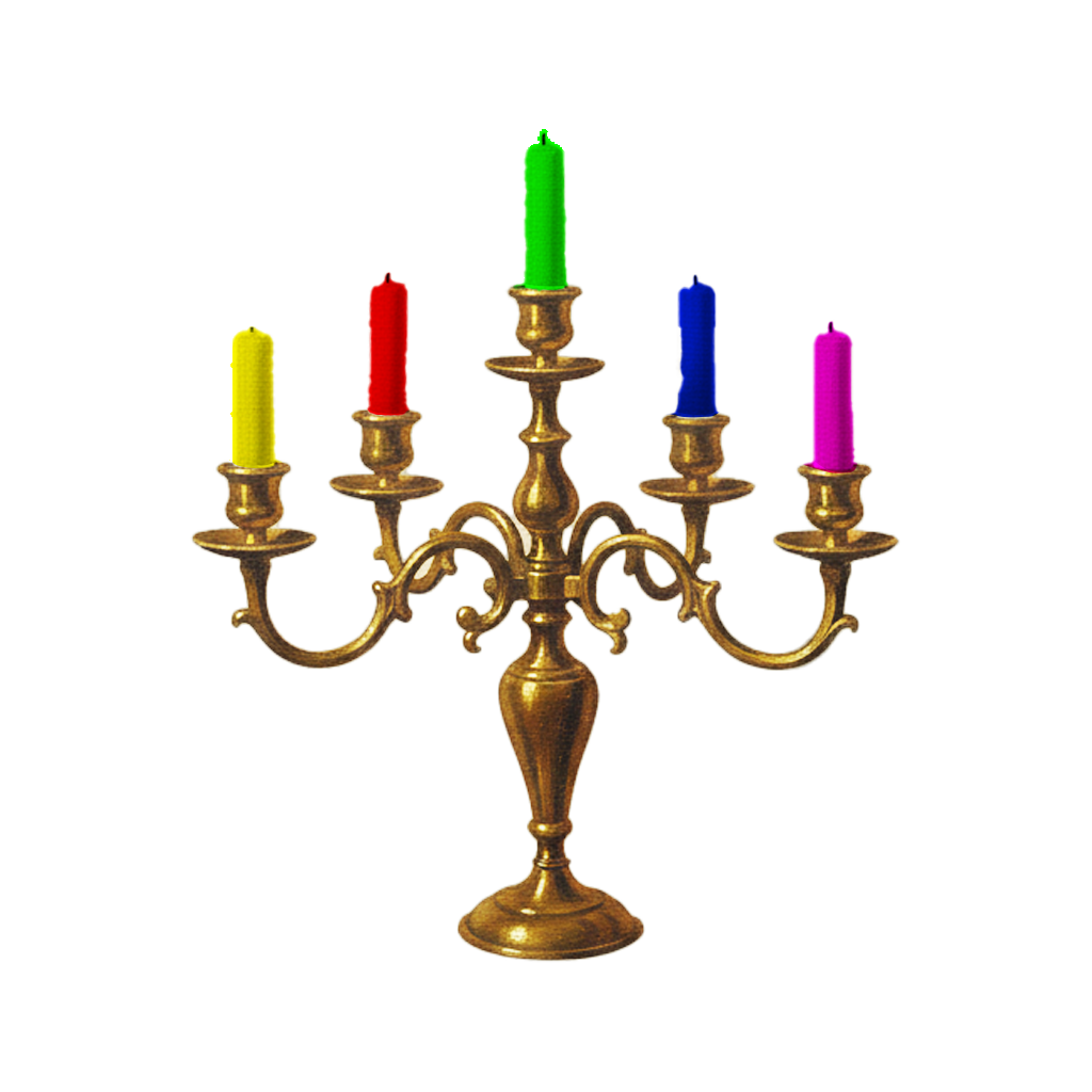 Un chandelier avec bougies aux couleurs primaires 